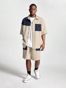Manfinity VCAY Conjunto de camisa de manga corta tejida con ajuste holgado y parches, adecuado para el verano para hombre