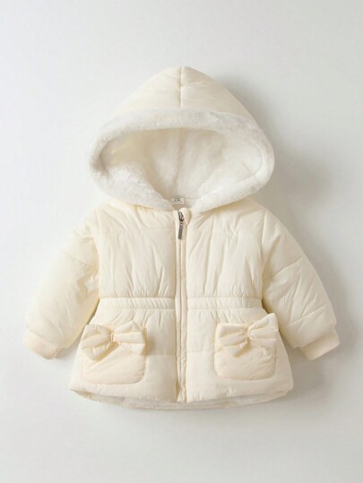 SHEIN Playful Pals 幼儿婴儿女孩休闲收腰蝴蝶结口袋泰迪熊衬里轻质长袖拉链连帽绗缝夹克，冬季连帽外套