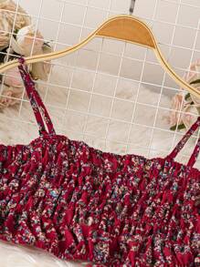 SHEIN Clasi Bộ 2 áo hai dây họa tiết hoa xinh xắn và chân váy mini cỡ lớn dành cho nữ mặc trong dịp năm mới - Đỏ - Xem 5