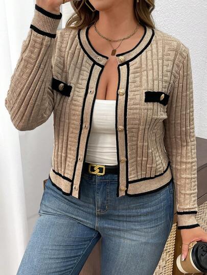 Vionelle Plus Size Höst Casual Colorblock Trim Stickad Cardigan