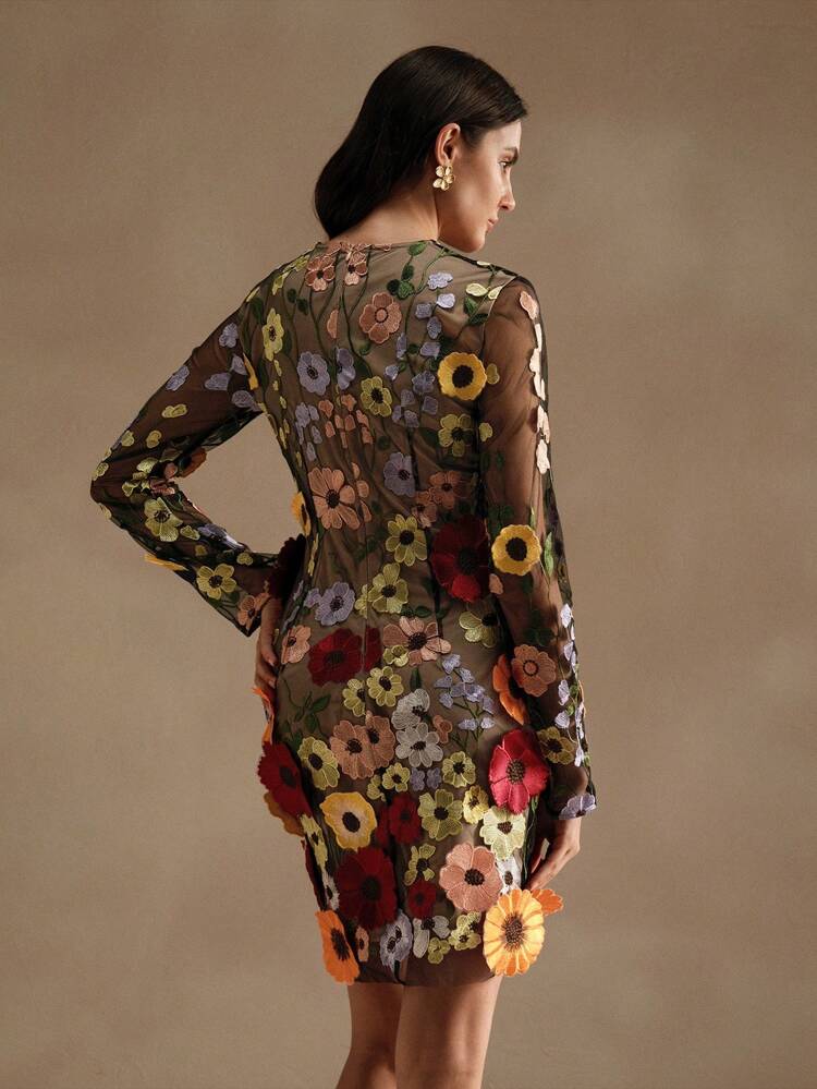 Women's Black 3D Floral Long Sleeve Dress