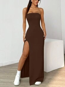 SHEIN EZwear Vestido elegante de diseño minimalista de color liso, sin tirantes y sin espalda con abertura para mujer