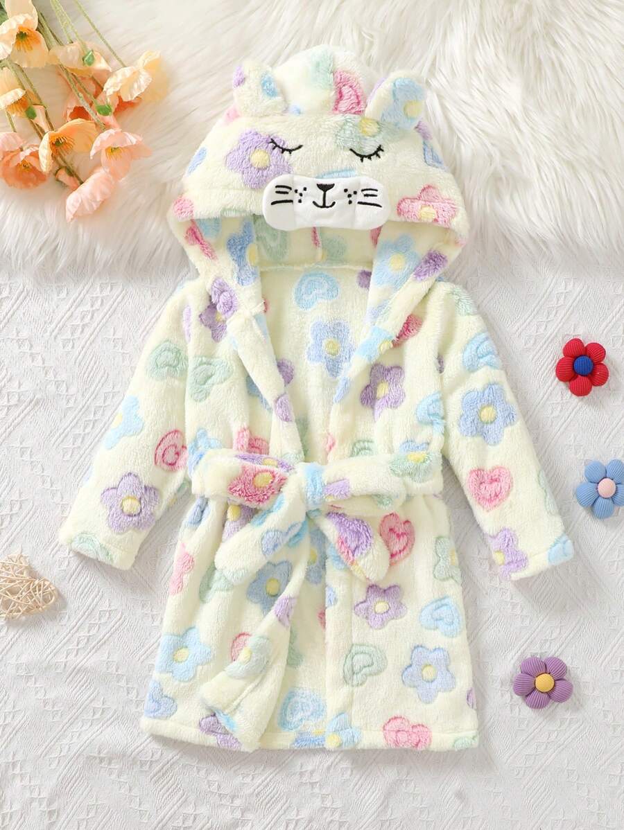 SHEIN Playful Pals 女婴可爱花朵、心形羊羔绒连帽、贴花动物脸印花长袖睡袍睡衣 - 彩色 - 查看 1