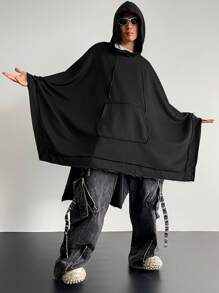 Genlund 男士纯色蝙蝠袖抽绳连帽休闲宽松夹克，春秋季外出长袖外套，送给朋友、丈夫、男朋友的礼物 - 黑色 - 查看 4