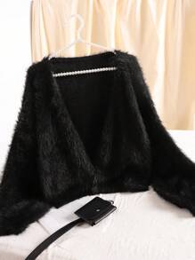 CosyJoli Große Größen Damen Plüsch Strickjacke, Winter - Schwarz - Übersicht 6