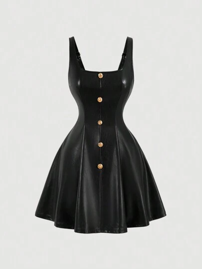 SHEIN MOD 黑色PU材质金属扣吊带连衣裙，适合返校季、迷你裙、秋季女装、万圣节服装、圣诞节、黑色连衣裙、舞会礼服、演唱会女装、锐舞节服装等场合。