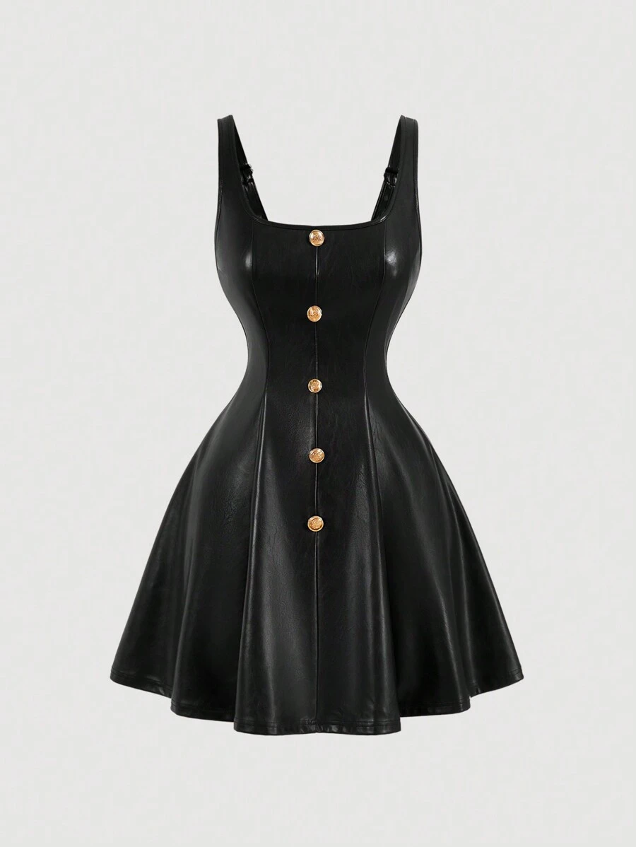 SHEIN MOD 黑色PU材质金属扣吊带连衣裙，适合返校季、迷你裙、秋季女装、万圣节服装、圣诞节、黑色连衣裙、舞会礼服、演唱会女装、锐舞节服装等场合。 - 黑色 - 查看 1