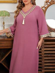 Plus Size Women's Elegant Colorful Sequin Floral Splice Fringe Flare Sleeve Nightgown - Mauve Purple - View 4