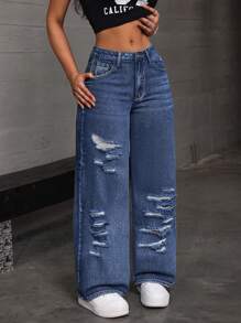 SHEIN ICON Quần Jeans ống suông dáng rộng cho nữ có túi - Màu xanh lam - Xem 3