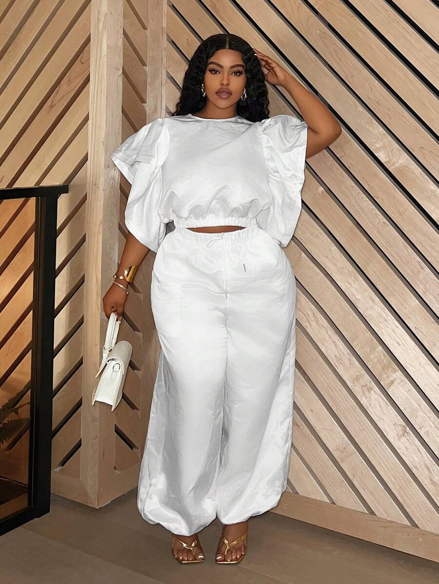 Slaydiva 大码女式缎面荷叶边袖哈伦裤两件套套装 - 白色 - 查看 1