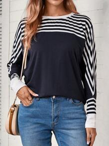 EMERY ROSE 女式宽松休闲 T 恤，长袖上有细条纹和纯色拼布