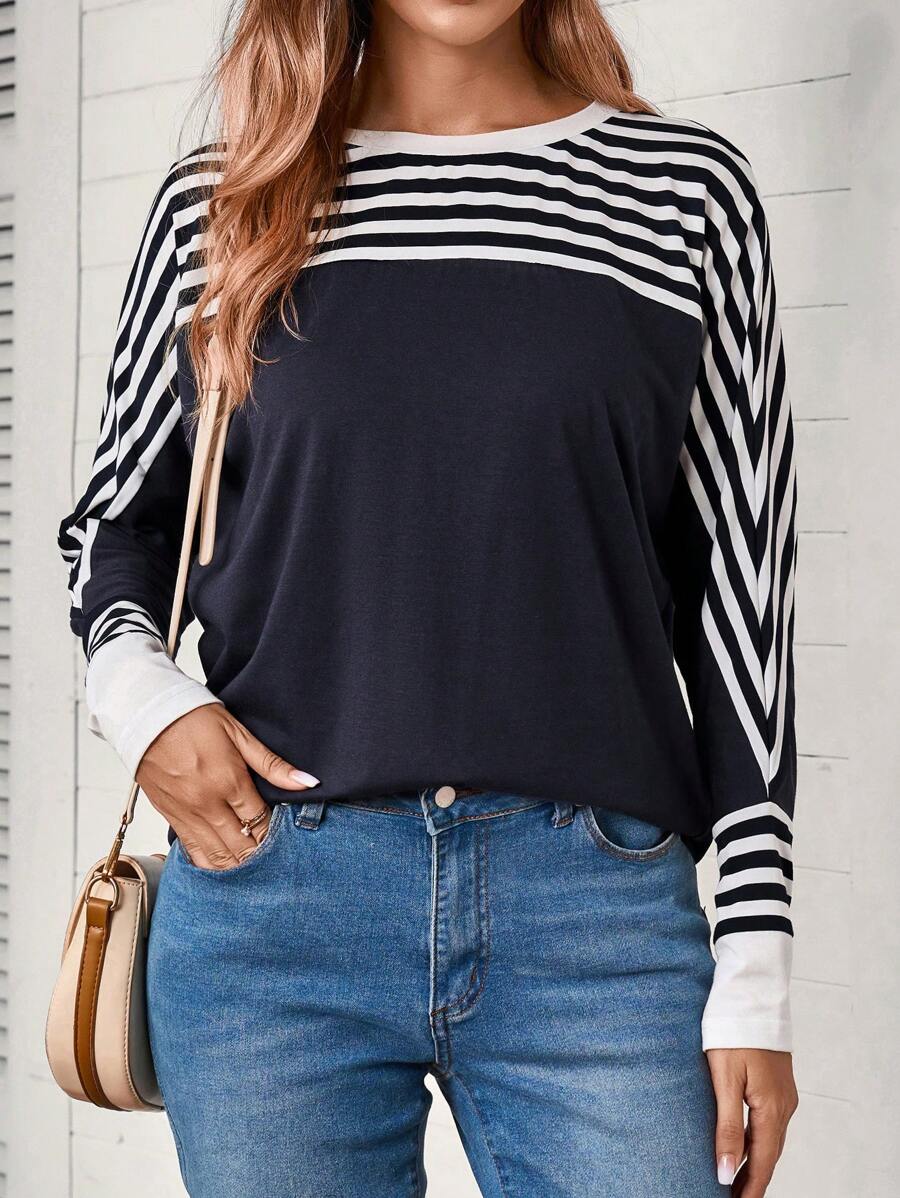 EMERY ROSE 女式宽松休闲 T 恤，长袖上有细条纹和纯色拼布