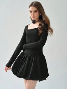 Enchnt Women's Romantic Fall Holiday Square Neck Long Sleeve Fitted Elegant Charming Sweet Cute Black Dress - Black - View 4