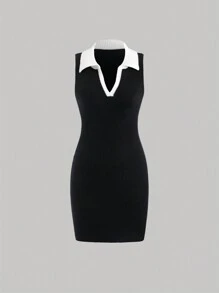 Sweetra 女式立领纯色拼接无袖简约针织连衣裙 - 黑與白 - 查看 1