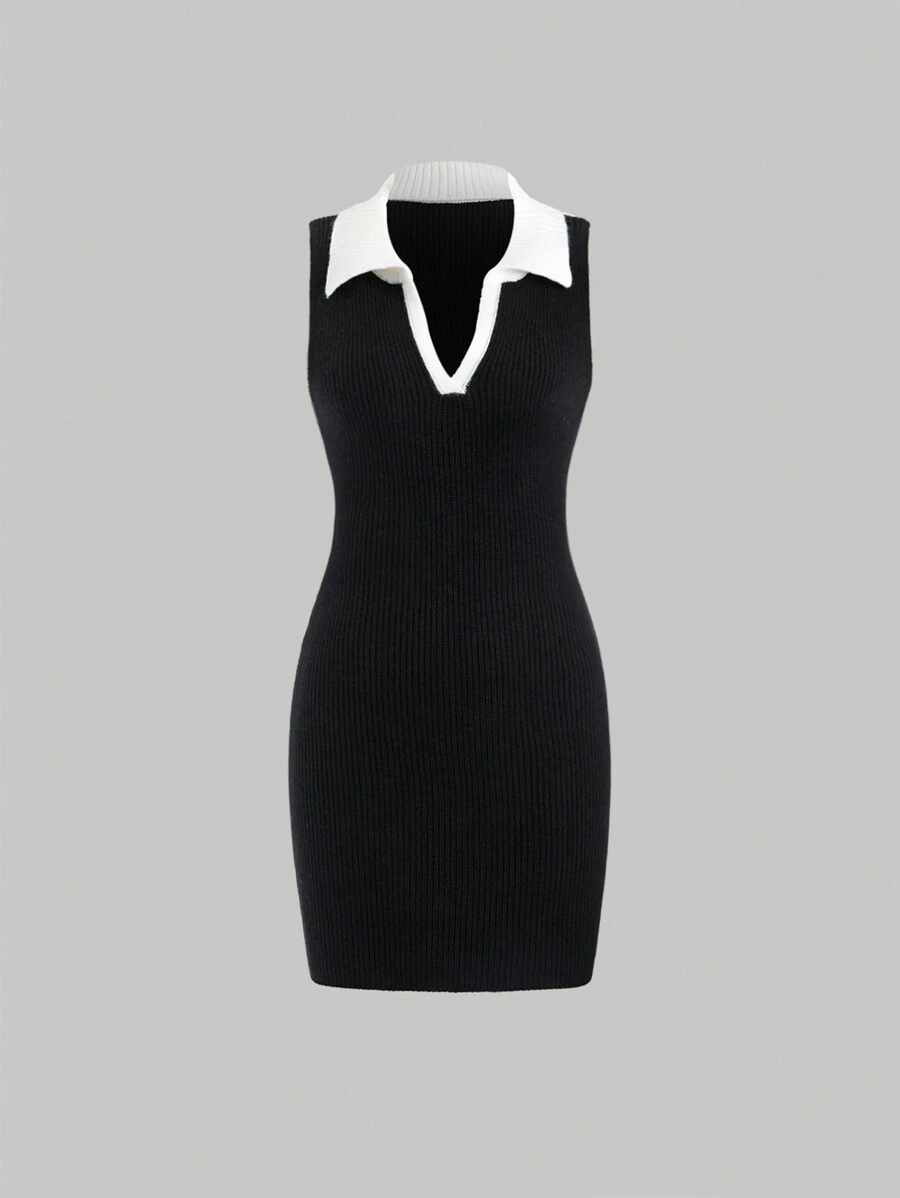 Sweetra 女式立领纯色拼接无袖简约针织连衣裙 - 黑與白 - 查看 1