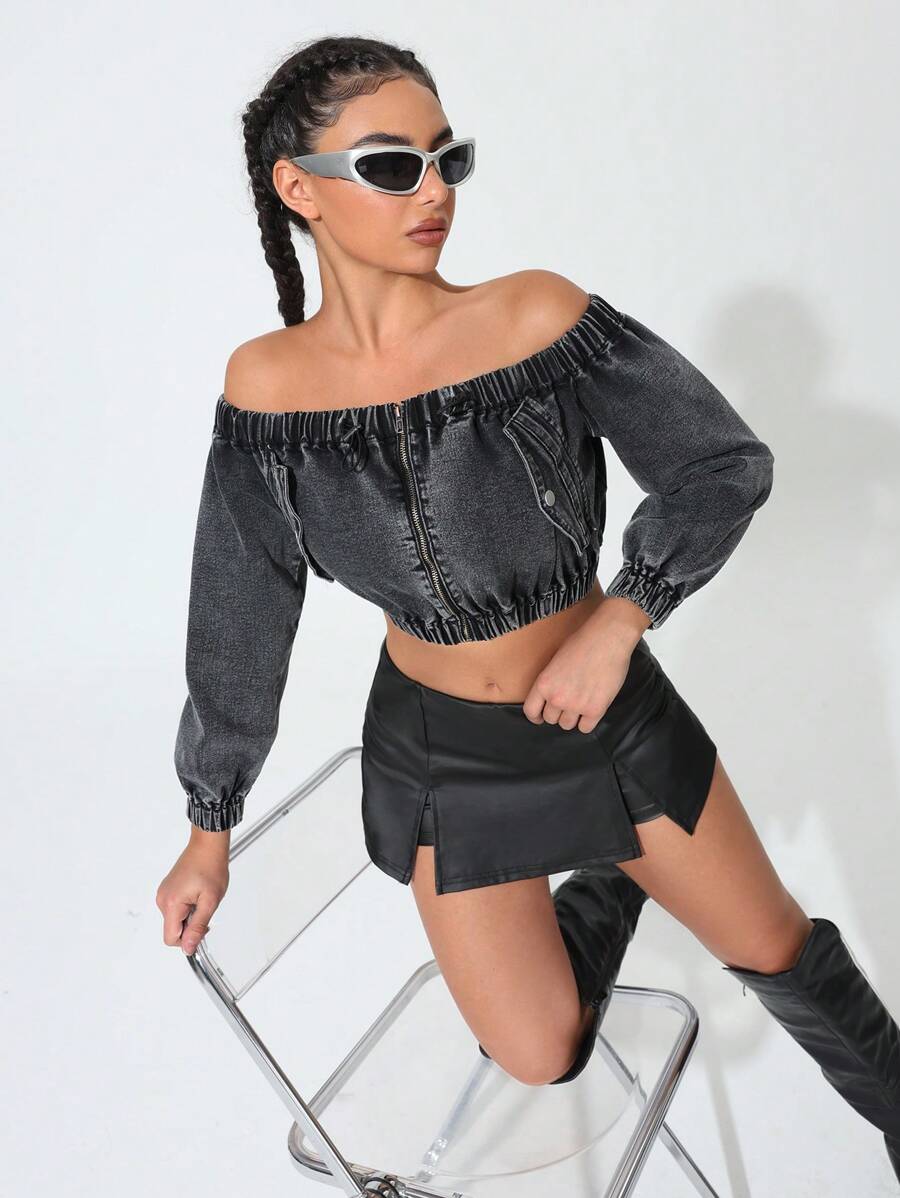 Women's Off-Shoulder Denim Blouse With Ruffle Detail Cowgirl Top - Black - View 1