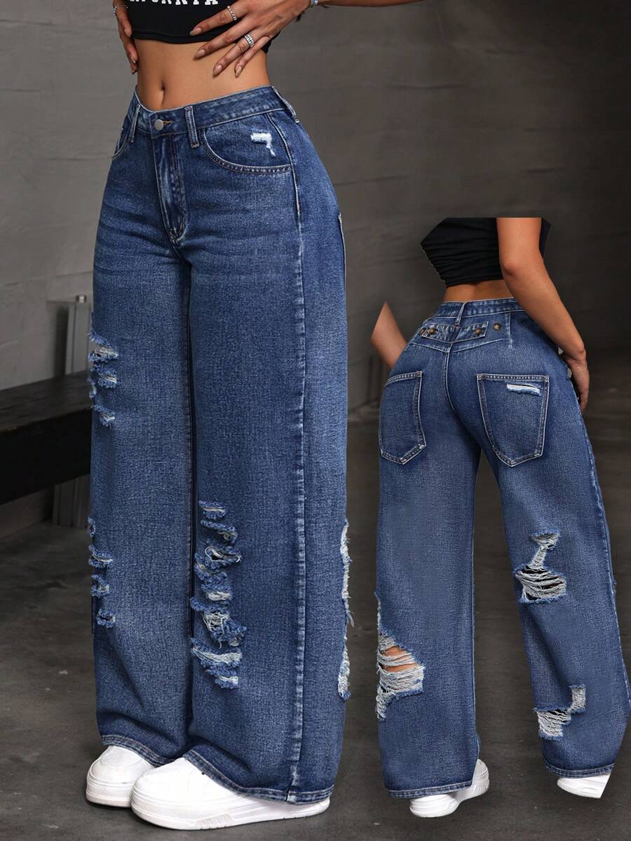 SHEIN ICON Quần Jeans ống suông dáng rộng cho nữ có túi - Màu xanh lam - Xem 1