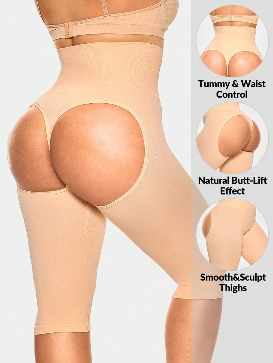 SHAPORA Quần lót thể thao Yoga Unitard lưng cao màu trơn cỡ lớn - Màu be - Xem 1