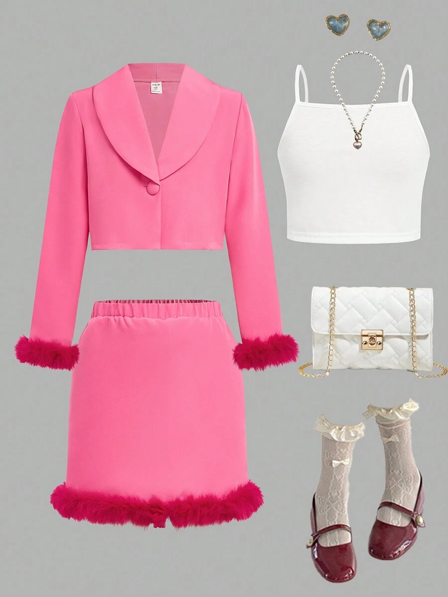 青少年女孩披肩领纯色对比蓬松毛绒袖口夹克 & 裙子 & 白色吊带背心 - 玫紅色 - 查看 1