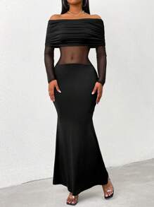 Chiquease Damen Sexy Abschlusskleid mit Off-Shoulder Mesh-Kontrastgewebe und Fischrücken - Schwarz - Übersicht 4