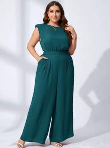 SHEIN Clasi Plus Size Round Neck Solid Color Sleeveless Romper With Pockets, Summer - Teal Blue - View 3