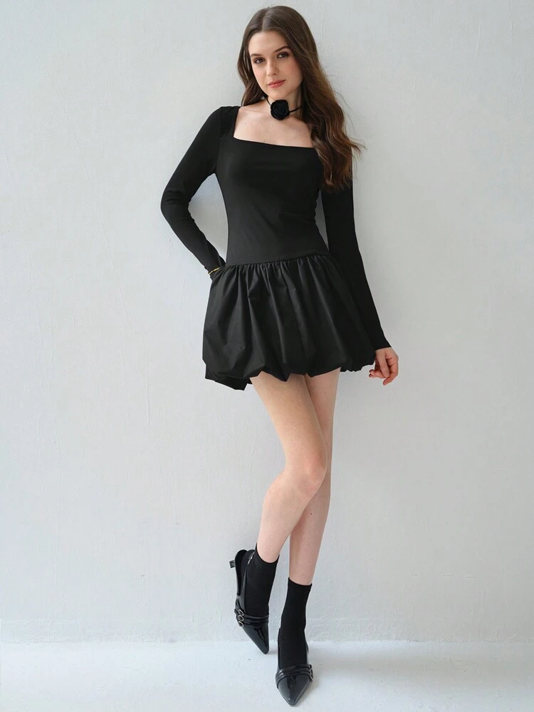 Women's Romantic Fall Holiday Square Neck Long Sleeve Fitted Elegant Charming Sweet Cute Black Dress