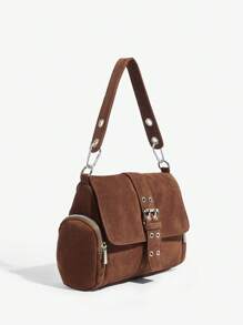 SHEIN ICON 女士、女士单肩包、流浪包、时尚、个性化、甜美酷炫、辣妹、Y2K、街头、复古、学院风、绒面革、最新时尚女士绒面革包 - 棕色 - 查看 3