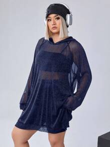SHEIN EZwear CURVE Áo hoodie dài tay thường ngày Y2K cỡ lớn cho nữ mặc thường ngày - Xanh đậm - Xem 3