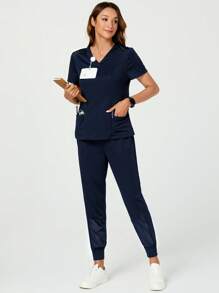 TaskEZ Women Solid Color Simple V-Neck Short Sleeve Top And Pants Scrub Uniform Set - Navy Blue - View 5