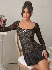 L'Amorae Sukienka koronkowa z prześwitującymi rękawami i bufiastym dołem - Czarne - Zobacz 8