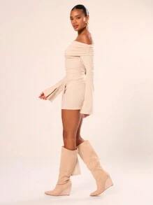 MUSERA Long Sleeve Off The Shoulder Mini Dress, Elegant,Summer, Cute - Khaki - View 3