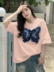 DAZY 女士蝴蝶印花圆领短袖T恤，夏季图案T恤超大T恤，教师服装