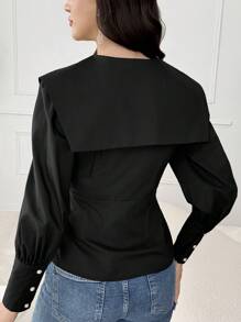 Modelyn Women's Solid Color Simple Daily Button Decorated V-Neck Long Sleeve Blouse