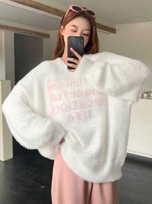 DAZY 女士休闲字母印花针织毛衣、长袖上衣秋季 - 白色 - 查看 3