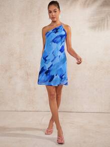 L'Amorae Brush Print Draped Open Back Dress - Blue - View 5