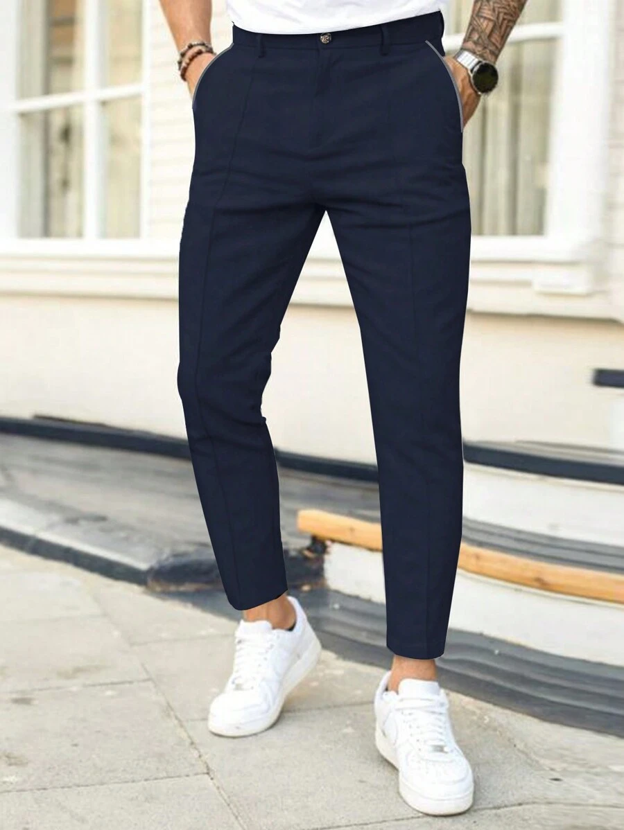 Calvornis Men Solid Color Simple Daily Slim Fit Suit Pants, Formal - Navy Blue - View 1