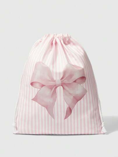 Kawaii Cartoon Striped Bow Drawstring Makeup Bag, Large Capacity Storage Pouch 401422