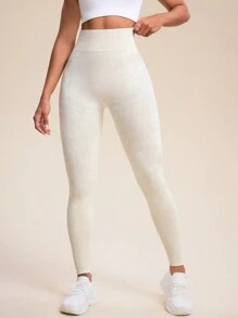 Easithlete 女式高腰无缝拉绒渐变染色弹力运动紧身裤瑜伽裤 - 卡其色 - 查看 2