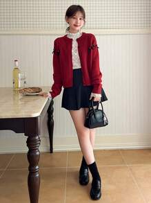 DAZY 女士单排扣蝴蝶结休闲长袖开衫，秋季服装外套圣诞节 - 酒紅色 - 查看 2