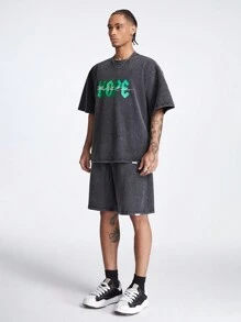 Manfinity VCAY Conjunto de camisetas de manga corta de cuello redondo con efecto lavado ácido y hombros caídos para hombre, de verano