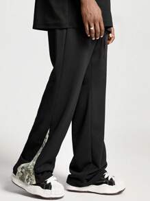 Manfinity NXTstreet Men's Solid Color Patchwork Front Pocket Relaxed Flare Knit Pants, Sports, Streetwear - Black - View 1
