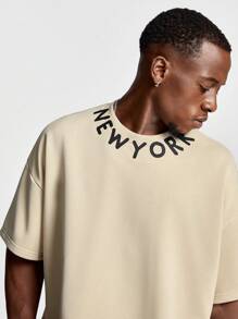 Manfinity VCAY Men's Loose Fit Round Neck English Print Short Sleeve T-Shirt, Suitable For Summer - Khaki - View 2