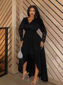 Slaydiva Plus Size Màu đen thanh lịch tương phản ren dài tay áo dài thắt lưng đế chế - màu đen - Xem 4