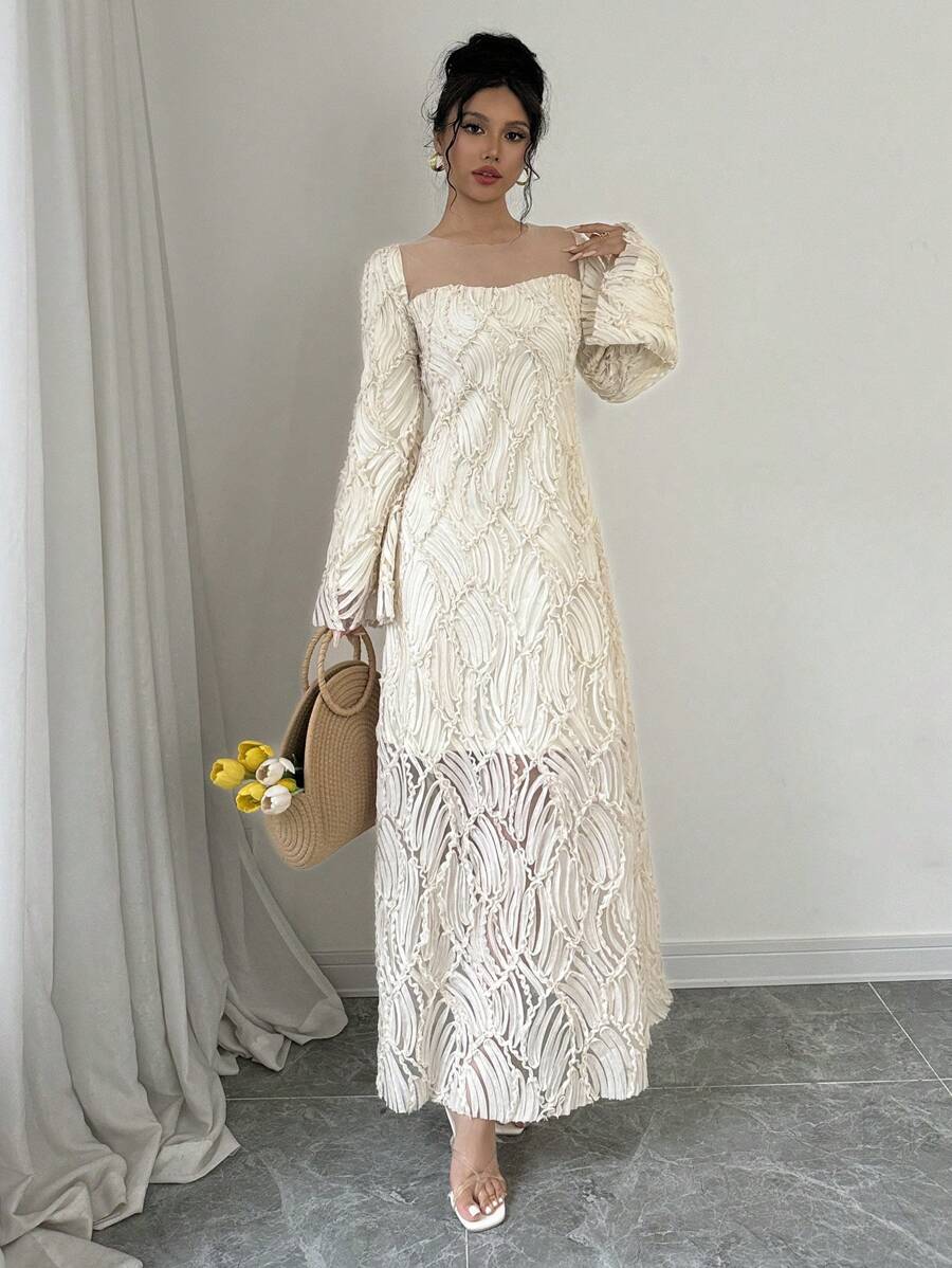 Selianne Đầm dài tay lưới tương phản màu trơn tối giản mặc hàng ngày cho nữ - Màu be - Xem 1