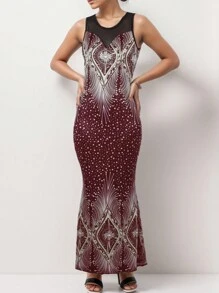 SHEIN Belle Burgundy Red Women's Round Neck Sleeveless Printed Party Dress Maxi Women Outfit - Burgundy - View 3