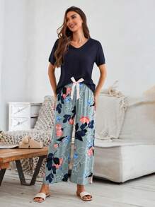 落肩上衣 & 碎花裤 睡衣套装 / 睡衣套装 - 彩色 - 查看 5