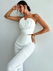 Firerie Women Elegant Design Asymmetrical Strapless Crop Tube Top & High Waisted Faux Boned Straight Pants Set, All White Two-Piece Outfit