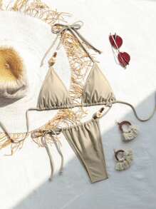 SHEIN Swim Women's Solid Color Simple Daily Halter Tie Neck Split Bikini Sets Summer - Apricot - View 1