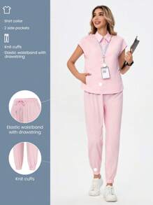 TaskEZ Pink Summer Scrub Nurse Uniform Short Sleeve Top Jogging Trousers Two-Piece Set Clothes - Pink - View 8