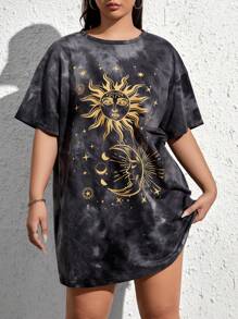 SHEIN CURVE+ Kích thước lớn Vòng cổ Tie-nhuộm Dệt kim Mặt trăng & Liên hoan âm nhạc In Váy áo thun - Nhiều màu - Xem 1